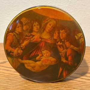 Vintage Round Decorative Laquer Jewelry Box Handpainted with Religious Artwork